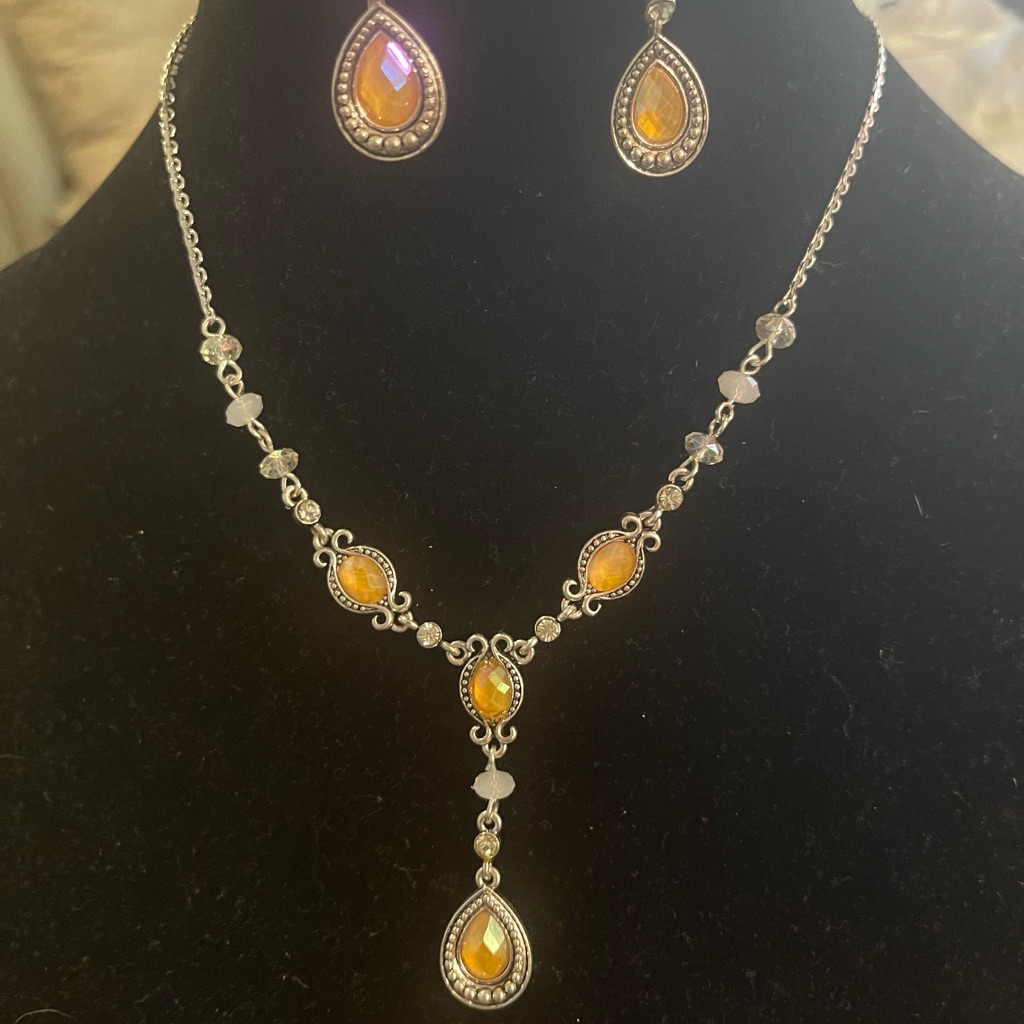 Avon SilverTone Necklace And Earring Set With Amber Stones